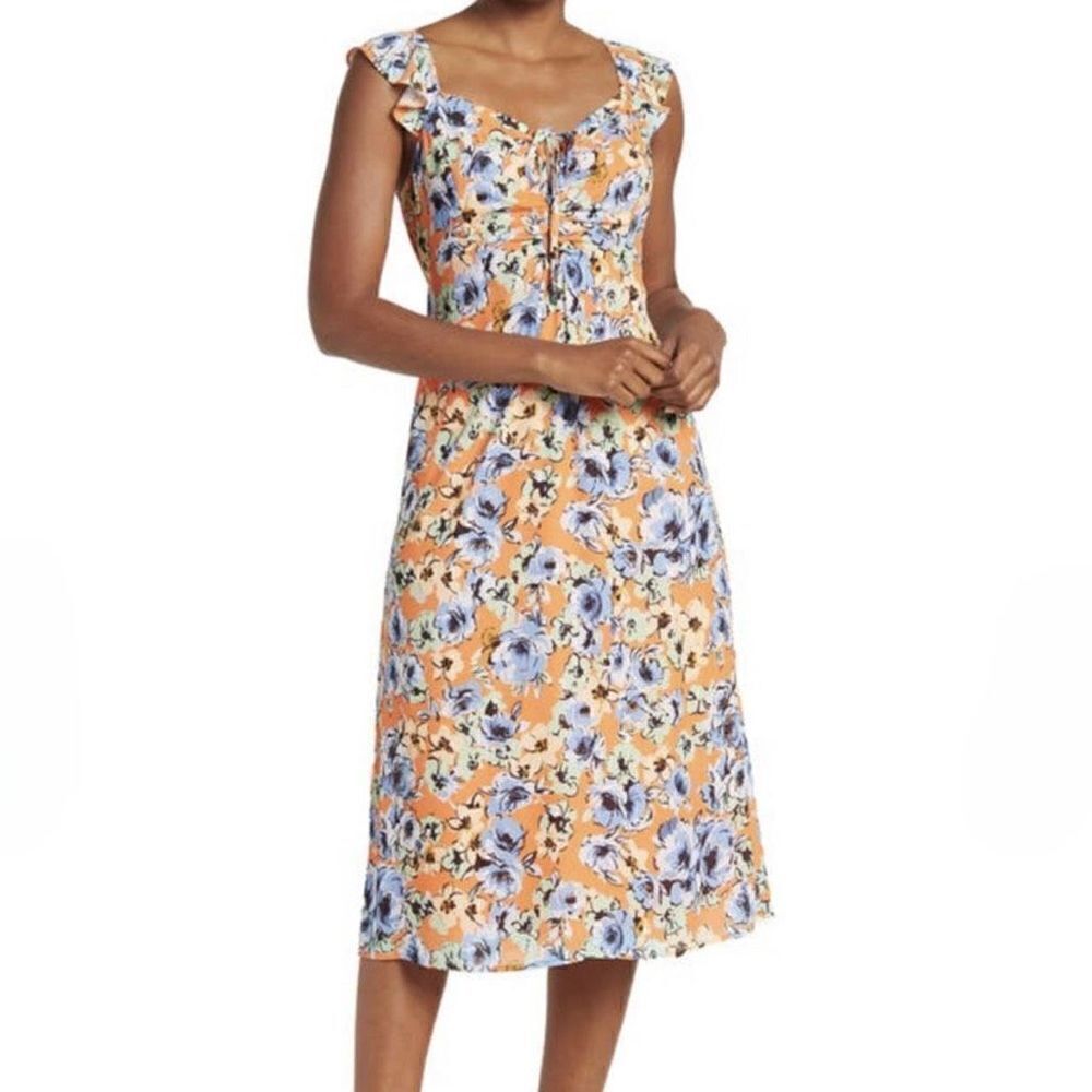 19 Cooper KEYHOLE RUFFLE MIDI DRESS IN CORAL FLORAL Size XS
